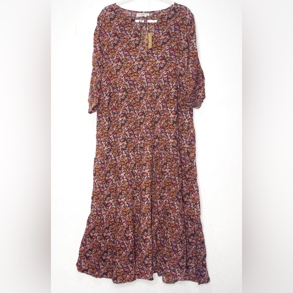 Natural Life Sage Tiered Floral Maxi Dress Red Brown Medium Bohemian Comfy Hippy - Picture 3 of 10